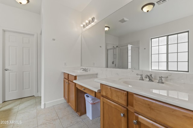 full bath with a stall shower, tile patterned flooring, visible vents, and vanity