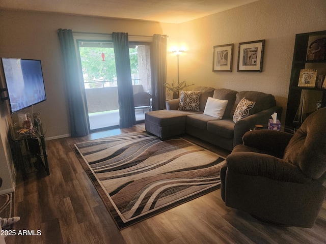 living room featuring dark wood-type flooring