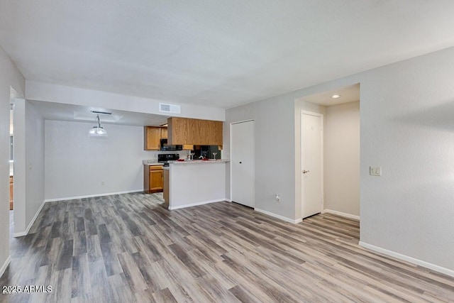 kitchen with hanging light fixtures and hardwood / wood-style floors