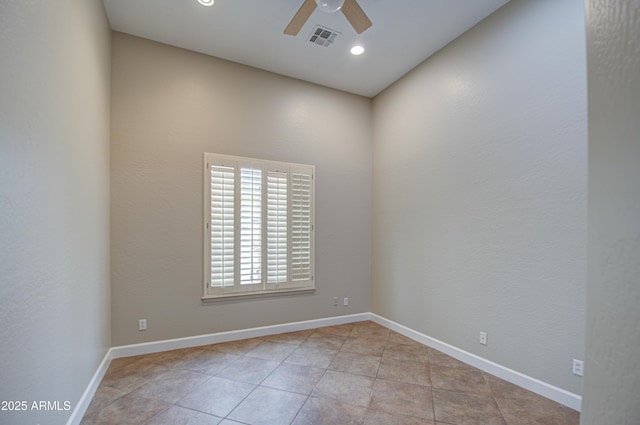 empty room featuring ceiling fan, recessed lighting, visible vents, and baseboards