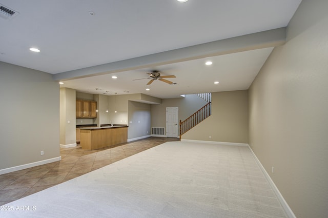 living area featuring stairway, recessed lighting, visible vents, and baseboards