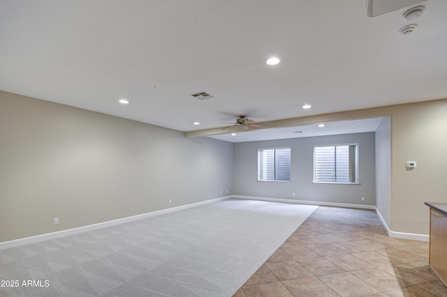 spare room featuring baseboards, visible vents, ceiling fan, and recessed lighting