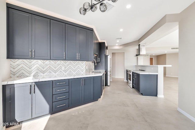 kitchen with a sink, light countertops, decorative backsplash, wall chimney exhaust hood, and stainless steel range with electric stovetop