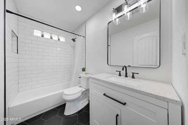 bathroom featuring toilet, shower / bath combination with curtain, tile patterned flooring, and vanity