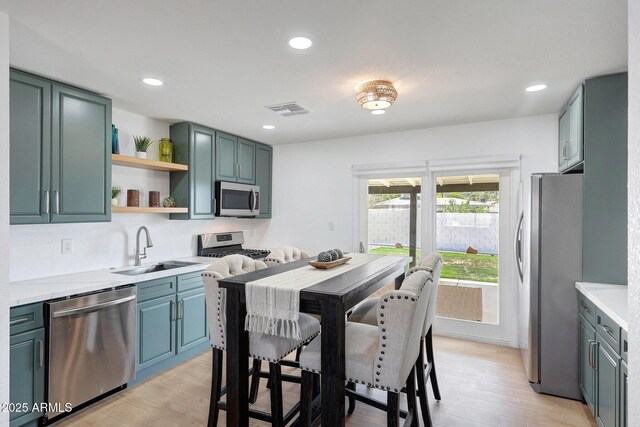 kitchen with appliances with stainless steel finishes, visible vents, light wood finished floors, and a sink