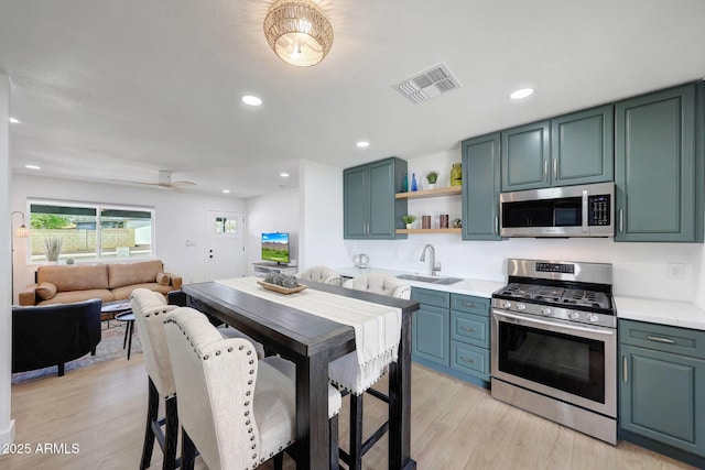 kitchen featuring a sink, open shelves, visible vents, light wood-style flooring, and appliances with stainless steel finishes