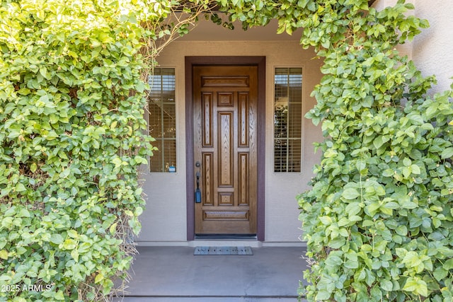 entrance to property with stucco siding