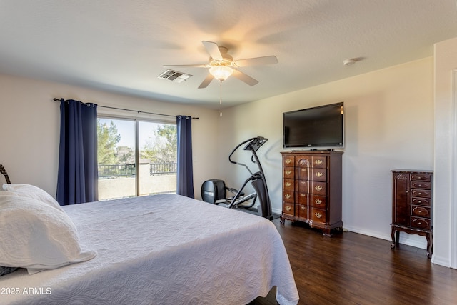 bedroom with access to exterior, visible vents, ceiling fan, baseboards, and wood finished floors