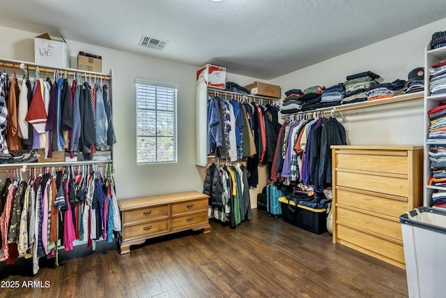 walk in closet featuring visible vents and wood finished floors