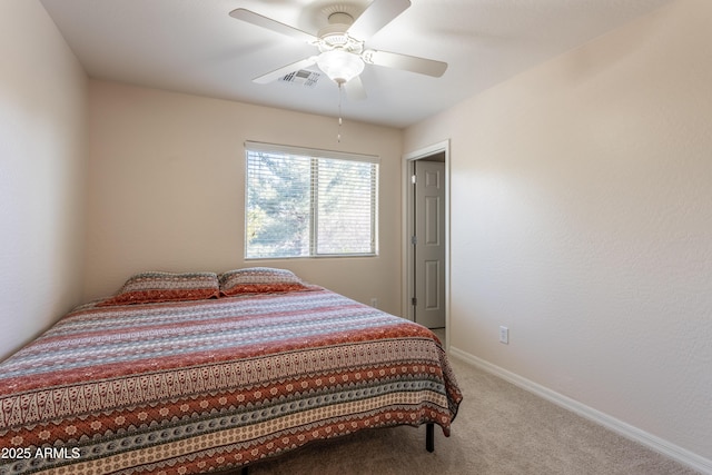 bedroom featuring visible vents, baseboards, a ceiling fan, and carpet flooring