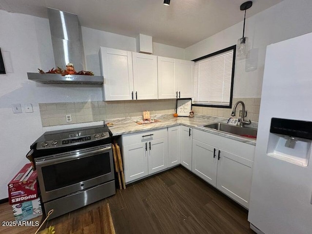 404 E Forest Dr, Payson, AZ 85541 - kitchen featuring stainless steel electric range, white fridge with ice dispenser, wall chimney range hood, dark wood-style floors, and white cabinets