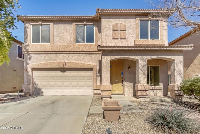 view of front of property featuring concrete driveway, stucco siding, a porch, and a garage