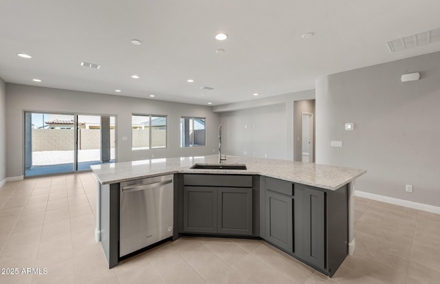 2851 N Coronado Dr, Florence, AZ 85132 - kitchen with visible vents, dishwasher, light stone countertops, gray cabinets, and a sink