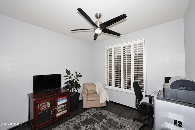 office with ceiling fan, wood finished floors, and baseboards