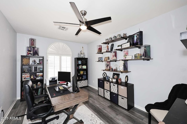home office with a ceiling fan, dark wood-style floors, and baseboards