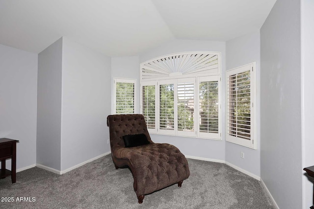 sitting room with carpet flooring, vaulted ceiling, and baseboards