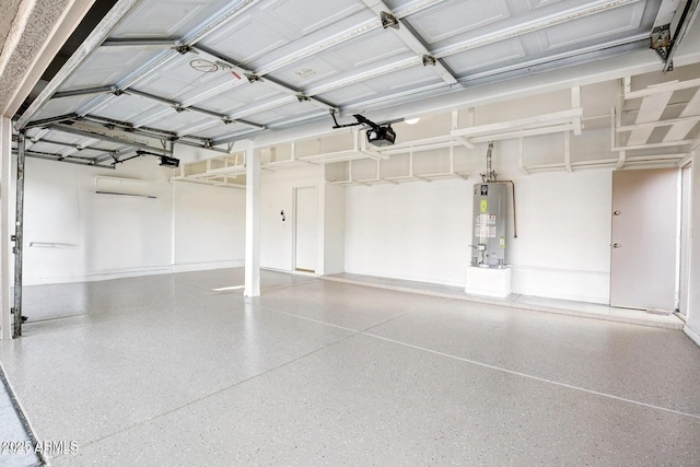 garage with water heater, a garage door opener, and baseboards