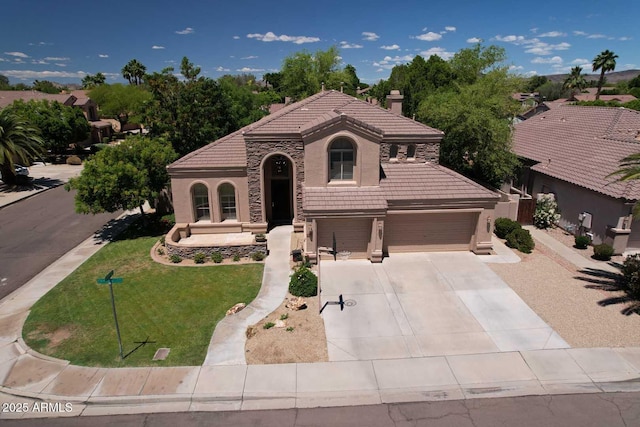 mediterranean / spanish-style home featuring a tiled roof, stucco siding, a chimney, and concrete driveway