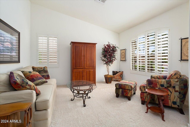 carpeted living room featuring lofted ceiling