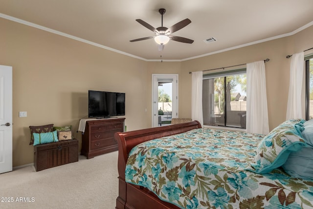 carpeted bedroom featuring visible vents, a ceiling fan, crown molding, and access to exterior