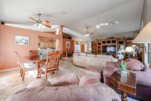 living room with vaulted ceiling and ceiling fan