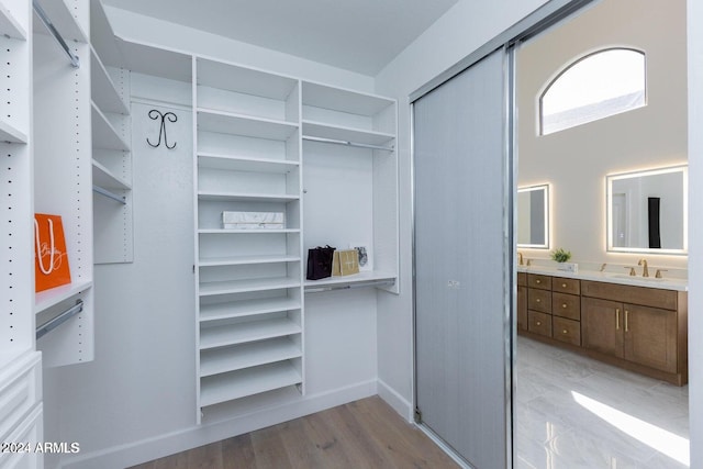 walk in closet featuring light wood-type flooring and sink