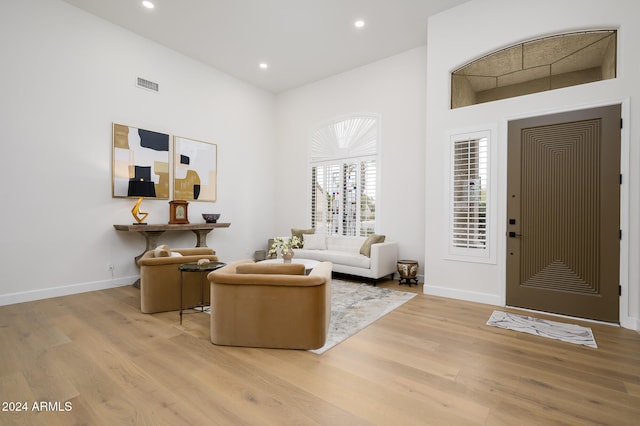 entryway featuring light wood-type flooring and a high ceiling