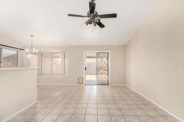 6317 E Colby St, Mesa, AZ 85205 - unfurnished room with vaulted ceiling, a chandelier, ceiling fan, baseboards, and light tile patterned floors