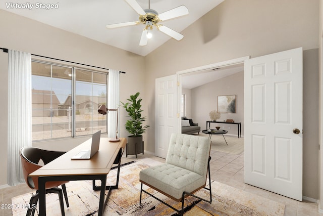 6317 E Colby St, Mesa, AZ 85205 - home office featuring a ceiling fan, light tile patterned floors, baseboards, and high vaulted ceiling