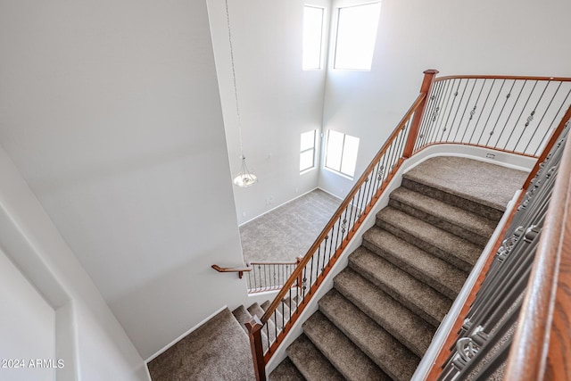 stairway with carpet floors and plenty of natural light