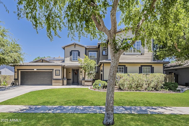 3062 E Cullumber St, Gilbert, AZ 85234 - traditional home with an attached garage, a front yard, concrete driveway, solar panels, and stucco siding