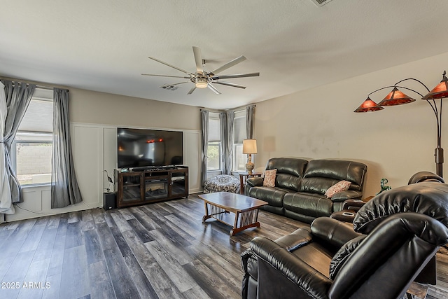3062 E Cullumber St, Gilbert, AZ 85234 - living room featuring a ceiling fan and dark wood finished floors