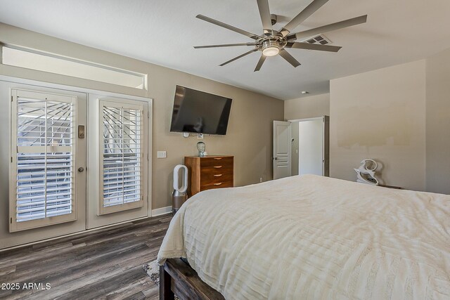 3062 E Cullumber St, Gilbert, AZ 85234 - bedroom featuring access to outside, dark wood-style flooring, ceiling fan, and french doors