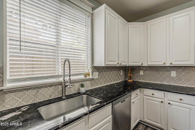 3062 E Cullumber St, Gilbert, AZ 85234 - kitchen featuring stainless steel dishwasher, white cabinets, backsplash, and dark stone counters