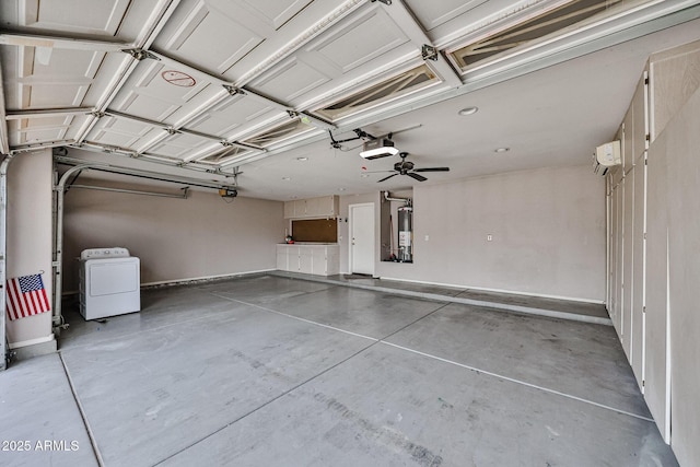 garage with washer / clothes dryer, a garage door opener, gas water heater, and a wall mounted AC