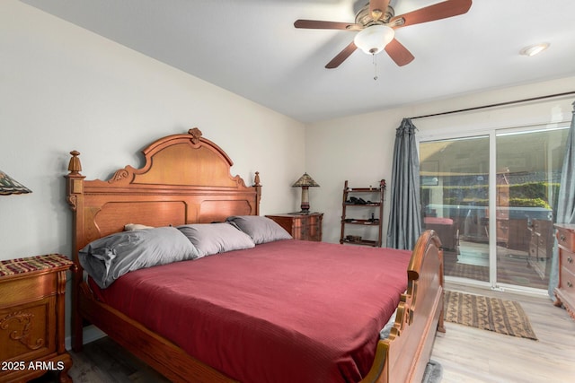 bedroom with ceiling fan, light wood-type flooring, and access to outside