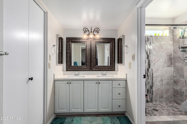 bathroom with a shower with door and vanity