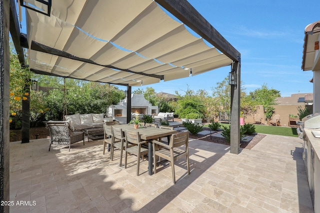 20510 W White Rock Rd, Buckeye, AZ 85396 - fenced backyard featuring an outdoor living space with a fireplace, a patio area, outdoor dining area, and a pergola
