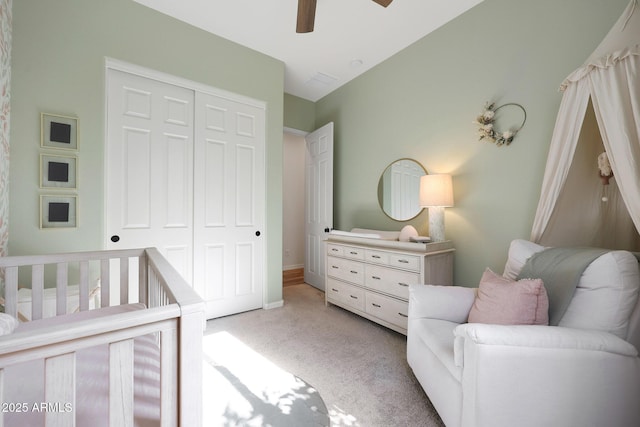 20510 W White Rock Rd, Buckeye, AZ 85396 - bedroom featuring light colored carpet, a closet, and a ceiling fan