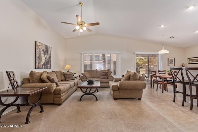 living area with vaulted ceiling, visible vents, recessed lighting, and a ceiling fan