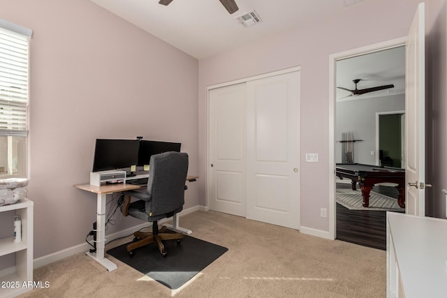 office featuring carpet, baseboards, visible vents, ceiling fan, and pool table