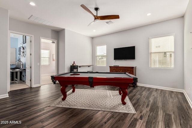 recreation room with visible vents, pool table, ceiling fan, and wood finished floors