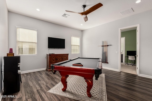 recreation room with billiards, wood finished floors, visible vents, and ceiling fan