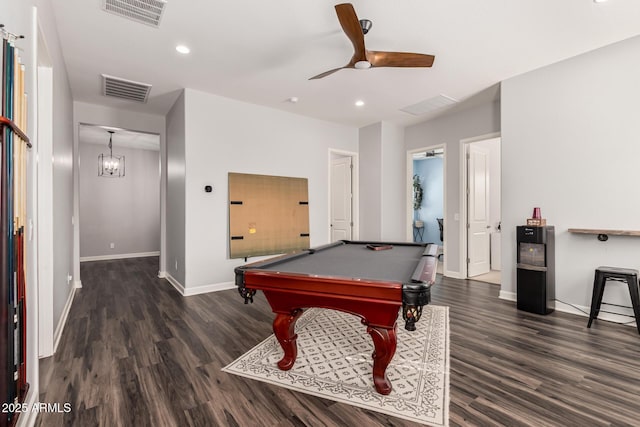 recreation room with visible vents, wood finished floors, ceiling fan, and pool table