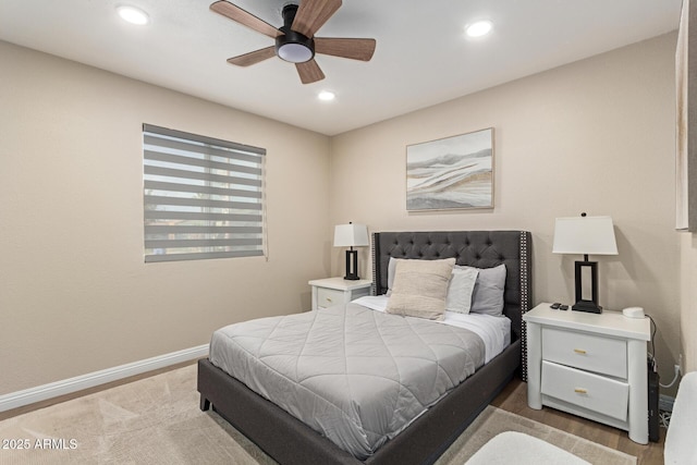 bedroom with light wood-type flooring, baseboards, ceiling fan, and recessed lighting