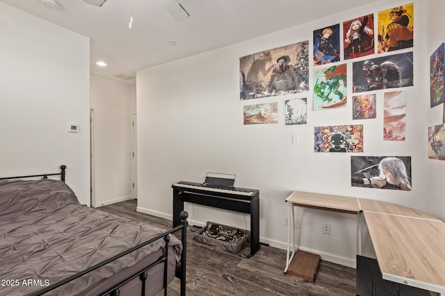 bedroom with recessed lighting, a ceiling fan, baseboards, and wood finished floors
