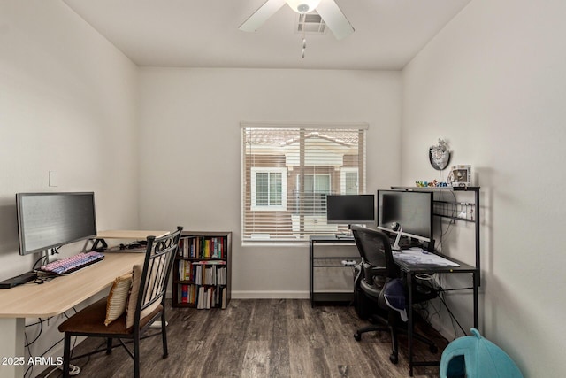 office area featuring dark wood-style flooring, ceiling fan, visible vents, and baseboards