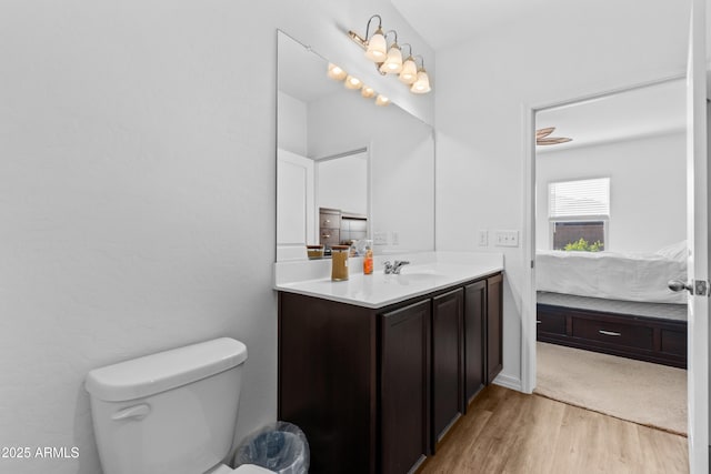 bathroom featuring toilet, vanity, connected bathroom, and wood finished floors