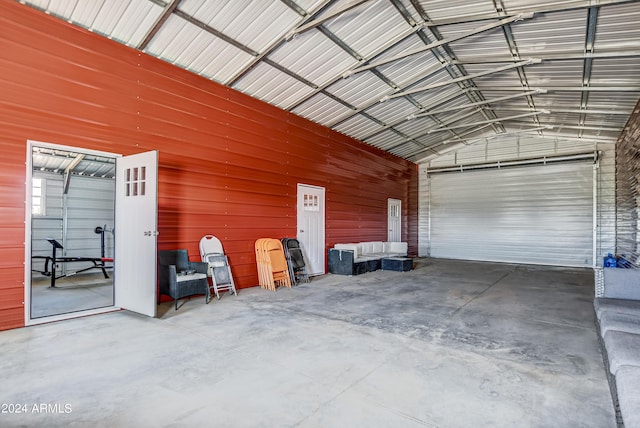 garage with wood walls