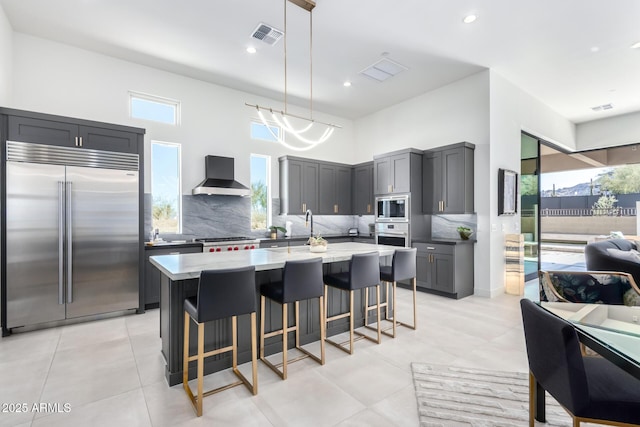 kitchen featuring decorative light fixtures, tasteful backsplash, gray cabinetry, built in appliances, and wall chimney range hood